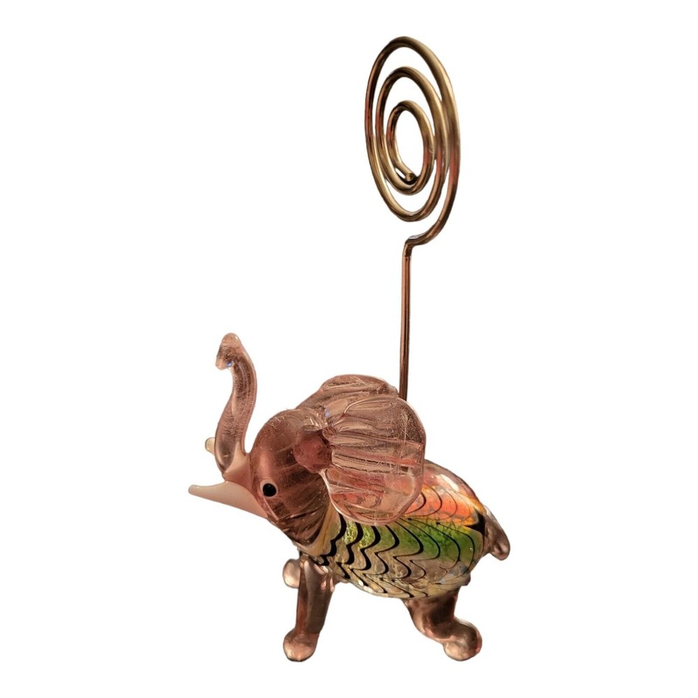 Vintage Art Glass Elephant Note Photo Memo Card Holder 3" Tall